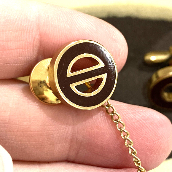 Vintage Swank jewelry set mens cufflinks and tie tack goldtone dark brown enamel - Picture 5 of 7